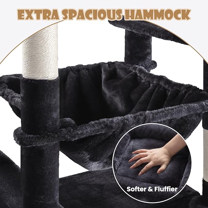 SHA CERLIN 81in Multi-Level Tall Cat Tree Tower for Indoor Kitties/Larger Cat Condo Furniture with Hammock/Cozy Pussycat Perches/Sisal Scratching Posts/Pet House/Wide Base/Dark Grey