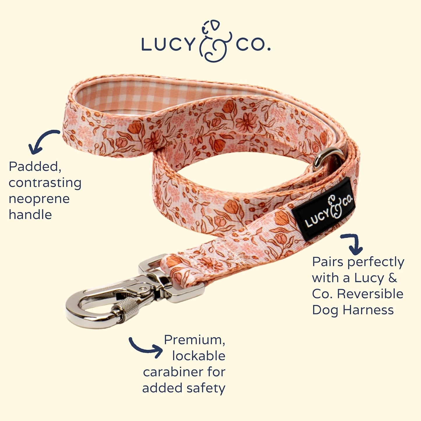 Lucy & Co. 5 Foot Designer Dog Leash for Small, Medium or Big Dogs or Puppies Puppy – Pet Accessories & Supplies- Large-Peach Pink Floral Plaid