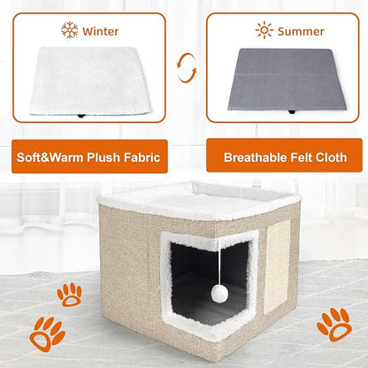 Cat Houses for Indoor Cats - Large Cat Bed Cave with Scratch Pad and Fluffy Ball, Foldable Cat Condo Hideaway with Reversible Cushion for Multi Small Pet, Khaki