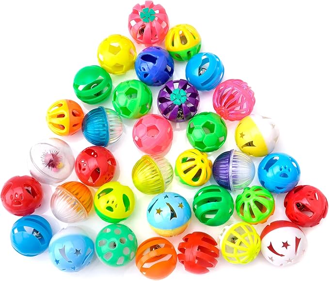 CHIWAVA 48 Pack Plastic Noisy Cat Toy Balls with Bell Kitten Chases Toy 8 Type Assorted Color Size