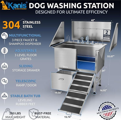 KANIS Professional Dog Washing Station - 304 Stainless Steel Pet Wash Sink & Grooming Bathtub w/Shower, Floor Grates and Storage for Large, Medium & Small Pets (40", 1 Drawer - Right Ramp)