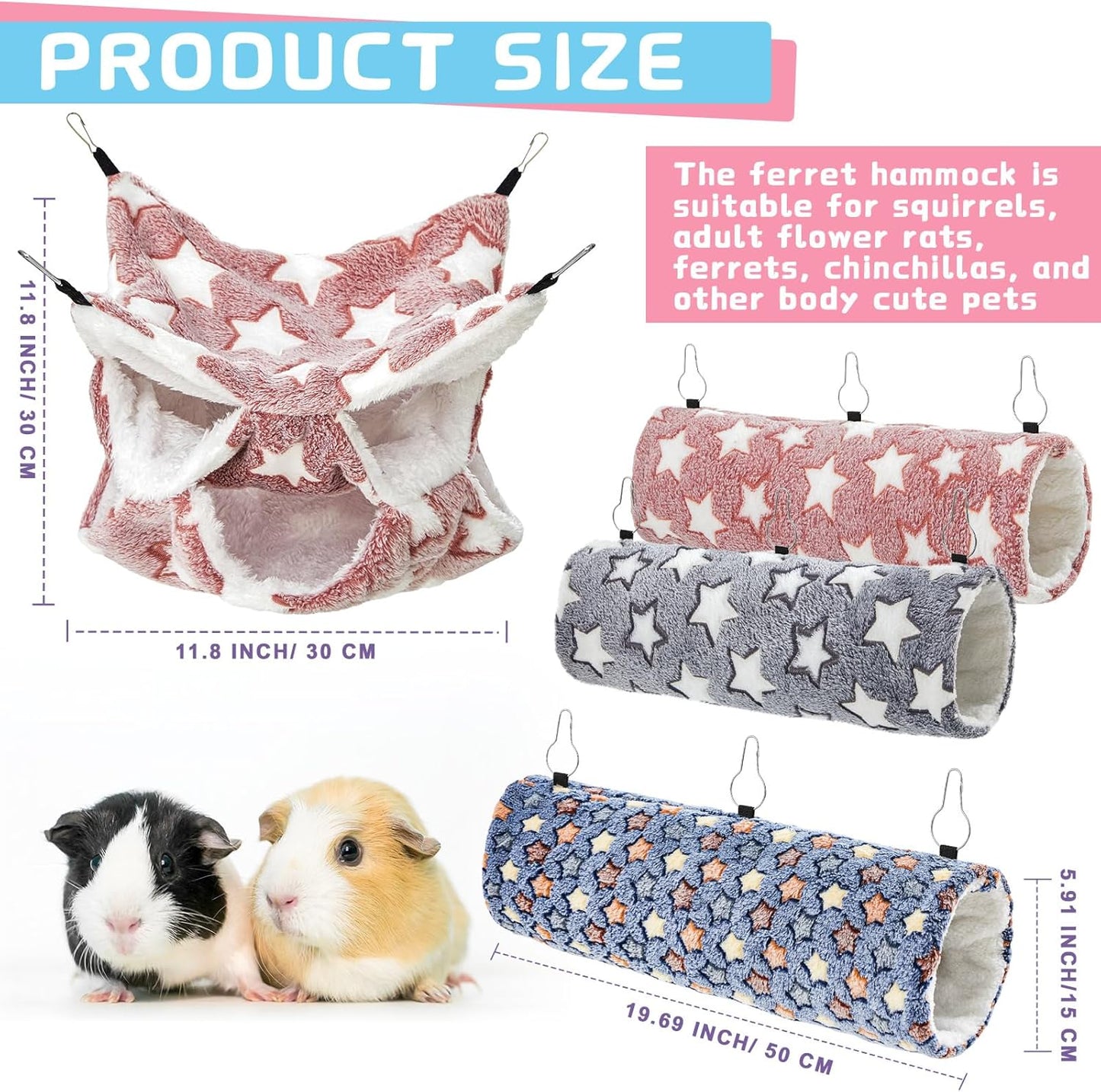 Sweetude 6 Pcs Rat Hammock Set Ferret Hanging Tunnel 3 Tier Guinea Pig Hammocks Hideout Soft Chinchilla Bed for Cage Accessories Hide,Play and Sleep (Dark Color Scheme,Star)