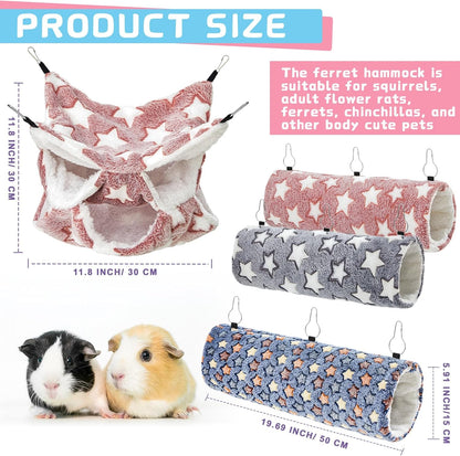 Sweetude 6 Pcs Rat Hammock Set Ferret Hanging Tunnel 3 Tier Guinea Pig Hammocks Hideout Soft Chinchilla Bed for Cage Accessories Hide,Play and Sleep (Dark Color Scheme,Star)