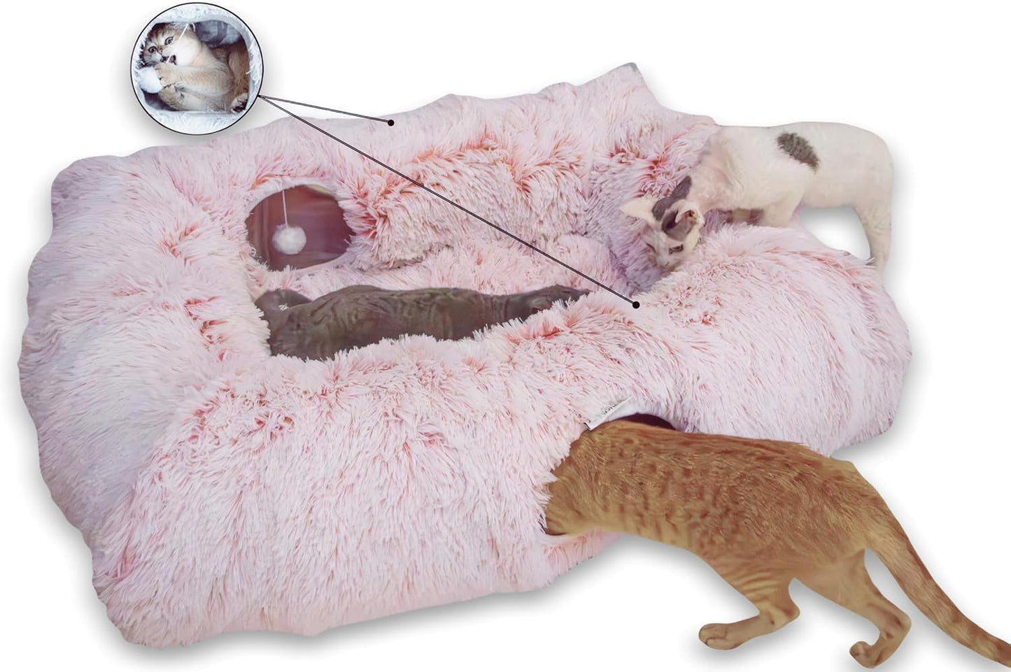 XxingSheep 4 Cave Shuttled XL Cat Tunnel Bed for Indoor Cats Peekaboo Toy Donut with Warm Mat, Pinkish White