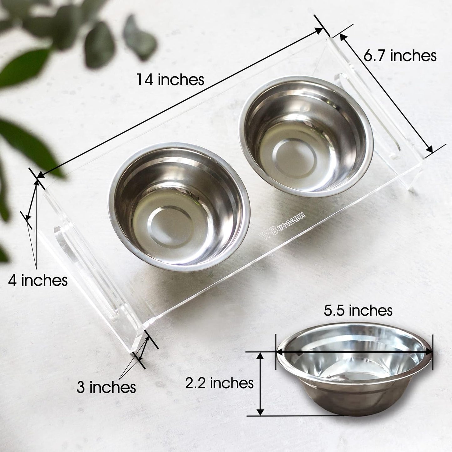 Tilted Raised Elevated Food and Water Bowls Stand for Cat or Small Dogs - Puppy's Clear Acrylic Stainless Steel Dishes Holder for Boy or Girl Pet,Modern,Durable and Easy to Clean by WBhonghui (Clear)