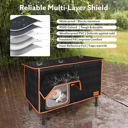 Heated Outdoor Cat House for Outside Winter 100% Waterproof Oxford Tarpaulin with Safe Escape Door and 5" Elevated Base with Heater for Feral Barn Cat Kitty (26“x20”x14“)