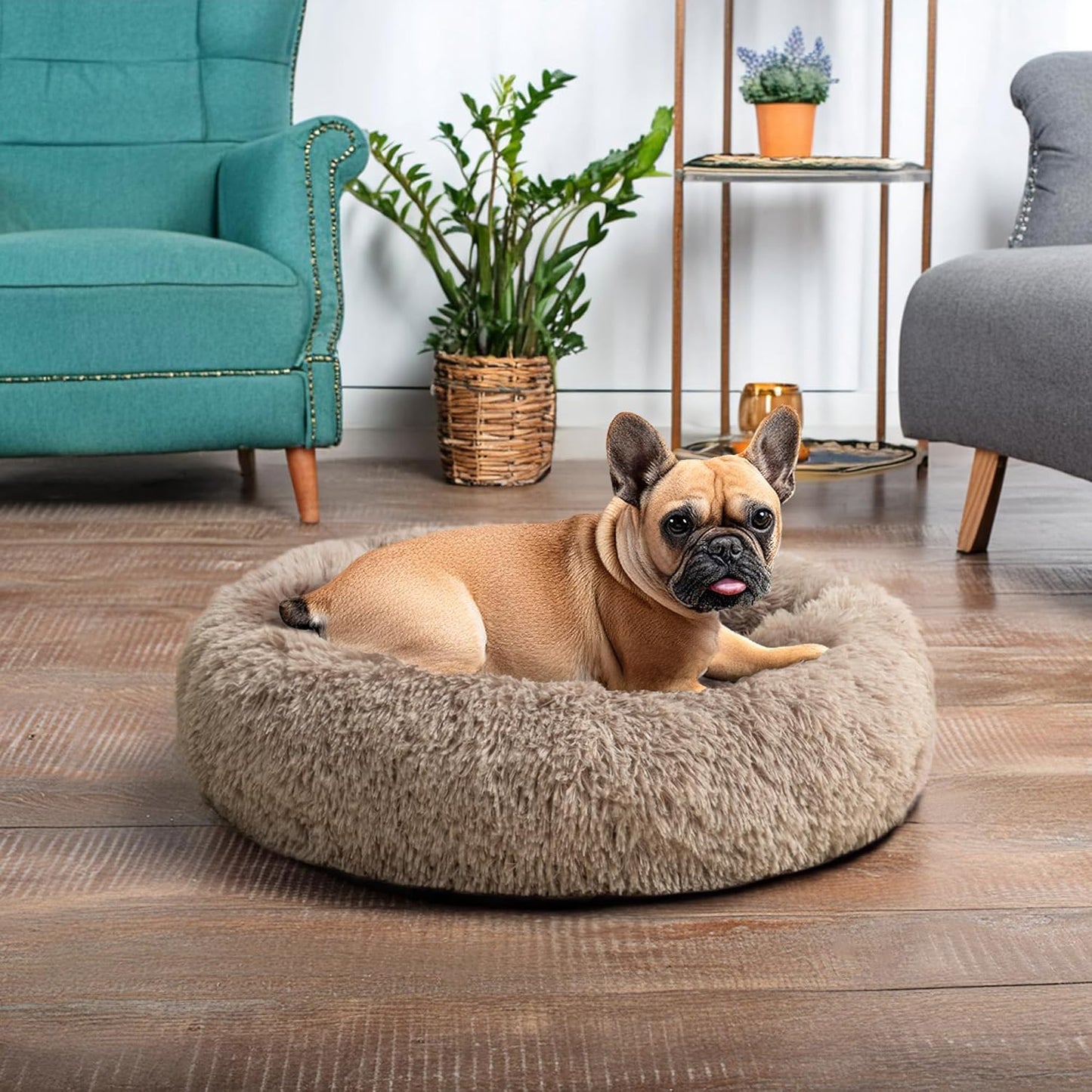 PetAmi Calming Dog Bed for Small Medium Dog Cat, Round Donut Dog Bed Washable, Fluffy Faux Fur Plush Cuddler Pet Kitten Cushion Bed, Anti-Slip, Fits up to 25 lbs, 23 inch, Taupe