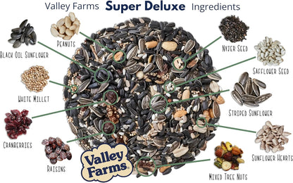Valley Farms Super Deluxe Wild Bird Food (15 LB) for Outside feeders - 0% fillers - Loads of Sunflower Seed - w/Peanut kernels -Feed More Birds w/Less Seed