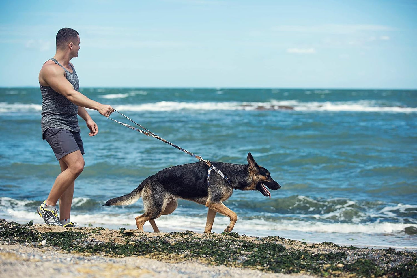 Dog Harness, No Pull Dogs Harness and Multi-Function Leash Set for Medium Dogs Easy Walk Everyday Adjustable Soft Dog Vest Harness Fashionable Dog Accessories Camouflage Blue-Slim Large