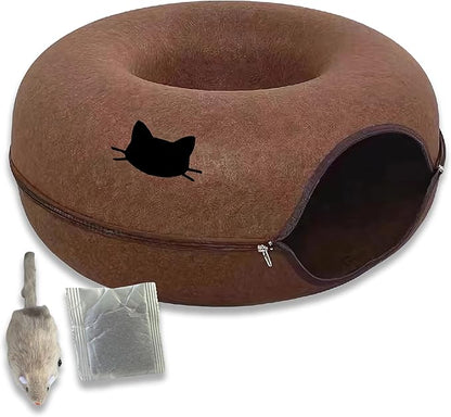 Laluz 2021 Large Cat Tunnel Bed for Indoor Cats Up to 30 Lbs Peekaboo Donut Cave with Catnip and Plush Toys Scratch Resistant Felt Design Detachable and Washable Cat Tunnel (Chocolate)