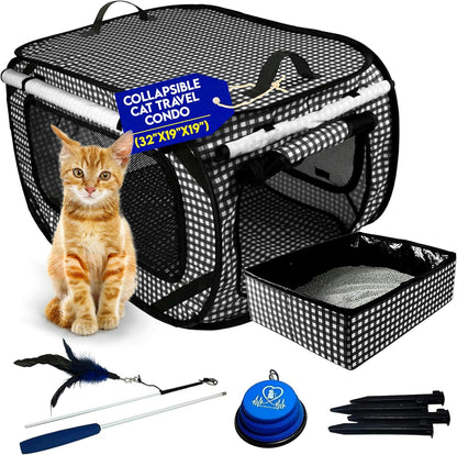 Pet Fit For Life Extra Large Cat Carrier for Travel - Foldable & Portable Collapsible Kennel with Litter Box, Feather Toy & Water/Food Bowl - Ideal for Cars, Long Trips & Indoor Cats - Black Checkers