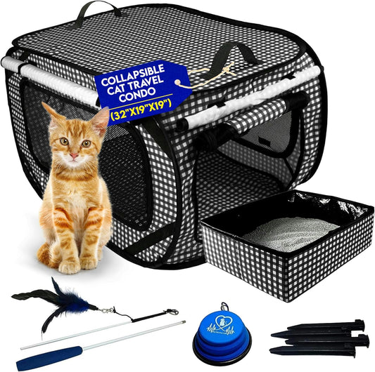 Pet Fit For Life Extra Large Cat Carrier for Travel - Foldable & Portable Collapsible Kennel with Litter Box, Feather Toy & Water/Food Bowl - Ideal for Cars, Long Trips & Indoor Cats - Black Checkers