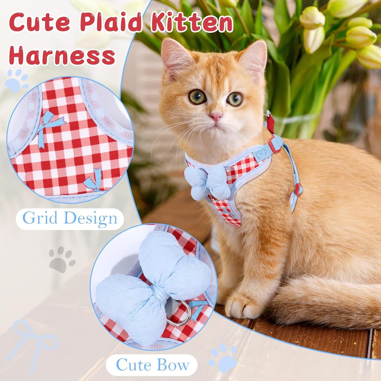 Cat Vest Harness and Leash Set for Walking Escape Proof, Adjustable Kitten Harness and Leash Set Breathable Mesh with Bow Harness for Kitty Puppy Bunny(Red Small)