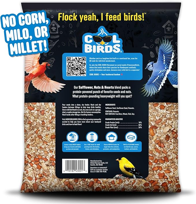 Safflower, Nuts & Hearts Wild Bird Seed – 10 lb. Gourmet Bird Food with Safflower, Sunflower Hearts & Peanuts – No Corn, Milo or Millet, No Waste Bird Food for Outside Feeders