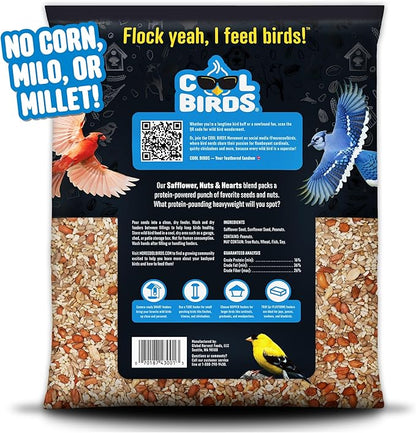 Safflower, Nuts & Hearts Wild Bird Seed – 10 lb. Gourmet Bird Food with Safflower, Sunflower Hearts & Peanuts – No Corn, Milo or Millet, No Waste Bird Food for Outside Feeders