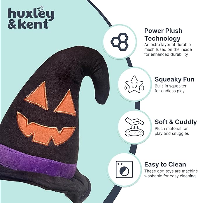 Huxley & Kent Halloween Funny Dog Toy w/Squeaker – Power Plush Squeaky Dog Toys for Small, Medium & Large Dogs – Soft Stuffed Animal for Indoor Play & Fetch - Witch Hat, One Size