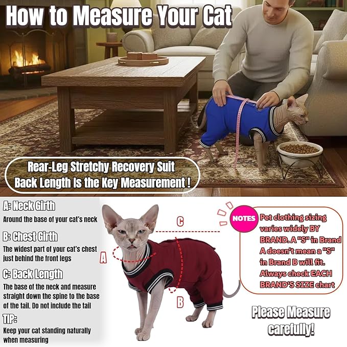T'CHAQUE Cat Clothes Surgery Recovery Suit for Female Male, Cat Onesie Pet Surgical Pajamas Long Sleeve, Abdominal Wound Healing, E-Collar Alternative, Spay/Neuter Recovery Garment-Burgundy-L