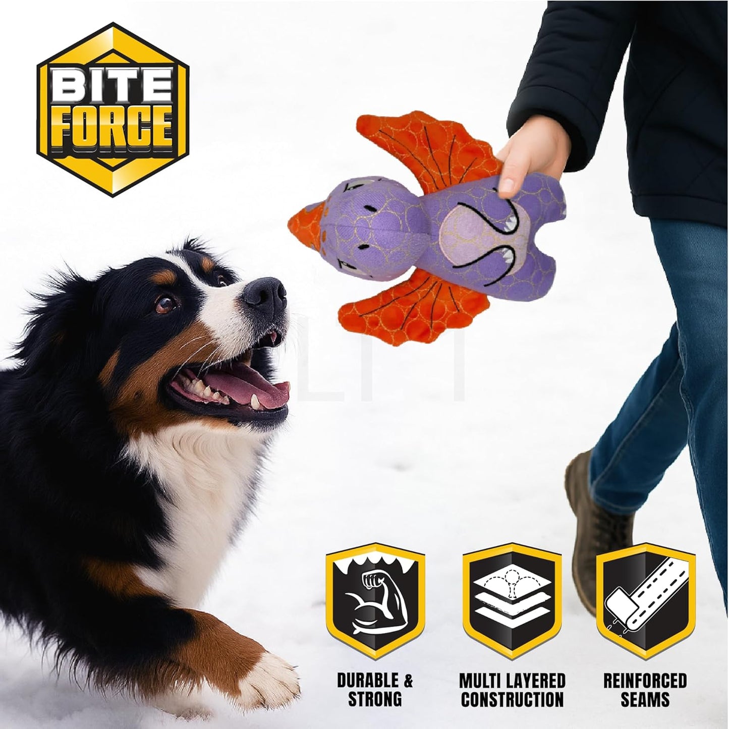 Bite Force - Durable & Strong Dog Toy Purple Dino with Squeaker, Kevlar-Reinforced for Aggressive chewers.