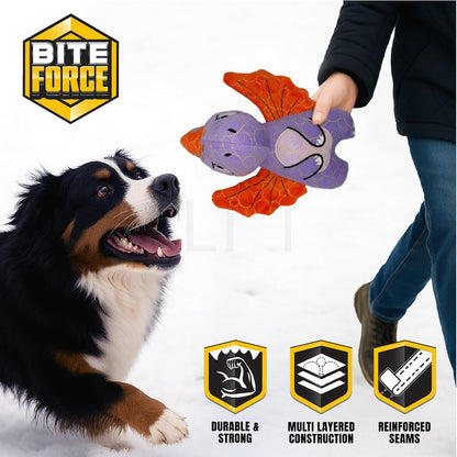 Bite Force - Durable & Strong Dog Toy Purple Dino with Squeaker, Kevlar-Reinforced for Aggressive chewers.