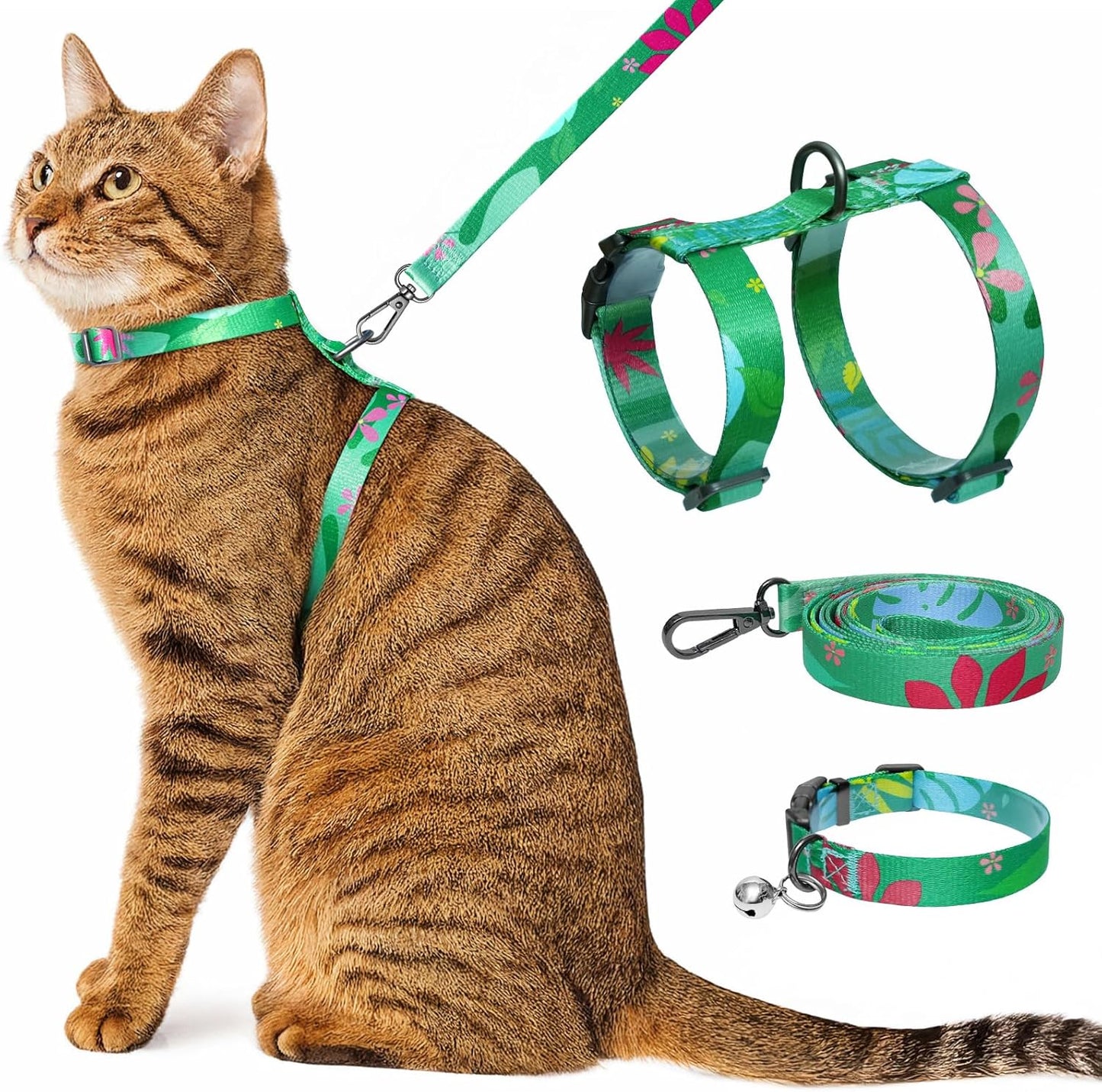 Cat Harness and Leash Set with Matching Collar – Escape Proof Harness for Cats, Adjustable & Lightweight, Tropical Hawaiian Leaf Print, Easy Wear for Outdoor Walking & Training