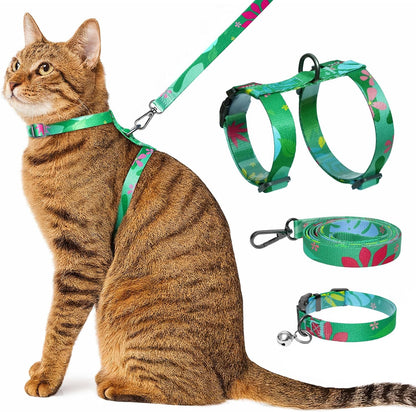 Cat Harness and Leash Set with Matching Collar – Escape Proof Harness for Cats, Adjustable & Lightweight, Tropical Hawaiian Leaf Print, Easy Wear for Outdoor Walking & Training