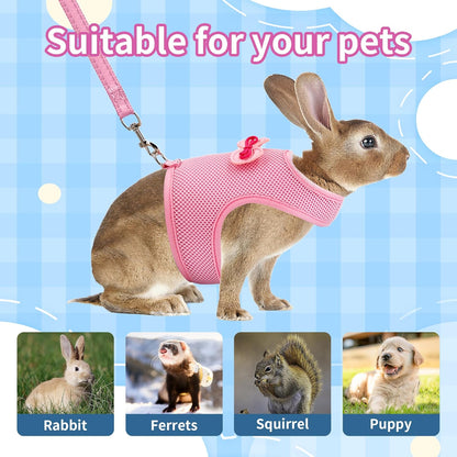 AIITLE Adjustable Rabbit Harness with Cute Bow - Breathable Vest, Anti-Escape Buckles, Reflective Leash for Training, Parties - Fits Rabbits, Hamsters, Mini Pets Pink L