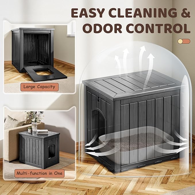 KAMABOKO Outdoor Cat House, Weatherproof Plastic Cat Shelter for Indoor & Outdoor, Durable All-Season Pet House for Feral, Stray & Domestic Cats (L-Black)