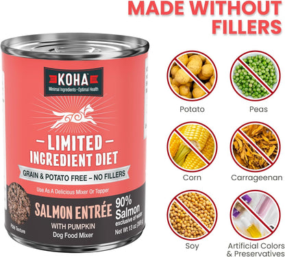 KOHA Limited Ingredient Diet Salmon Entrée for Dogs - Dog Food Toppers for Picky Eaters - Sensitive Stomach Canned Dog Food - Pate Dog - 13 oz Pack of 12