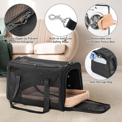 PETSFIT Cat Car Carrier for Small/Medium Cats Dogs, 18"x11"x11" Airline Approved Cat Carrier, with Patent Safety Buckles and Escape-Proof Zipper - Safeguarding Car Travel, Airplane, Vet, Outdoor