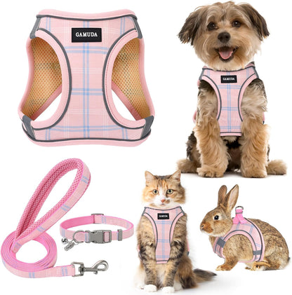 GAMUDA Small Dog Harness Collar and Leash Set, Step in No Chock No Pull Soft Mesh Adjustable Dog Vest Harnesses Plaid Reflective for Dogs Puppy Cats Kitten Rabbit (Pink, XXXS)