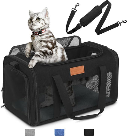 PETUX TSA Approved Pet Carrier in Cabin, 17"x11"x9.5" Soft Cat Carriers for Small Cat up to 12 lb, Top-Open Portable and Breathable Pet Carrier Airline Approved for Travel and Vet Visit, Black