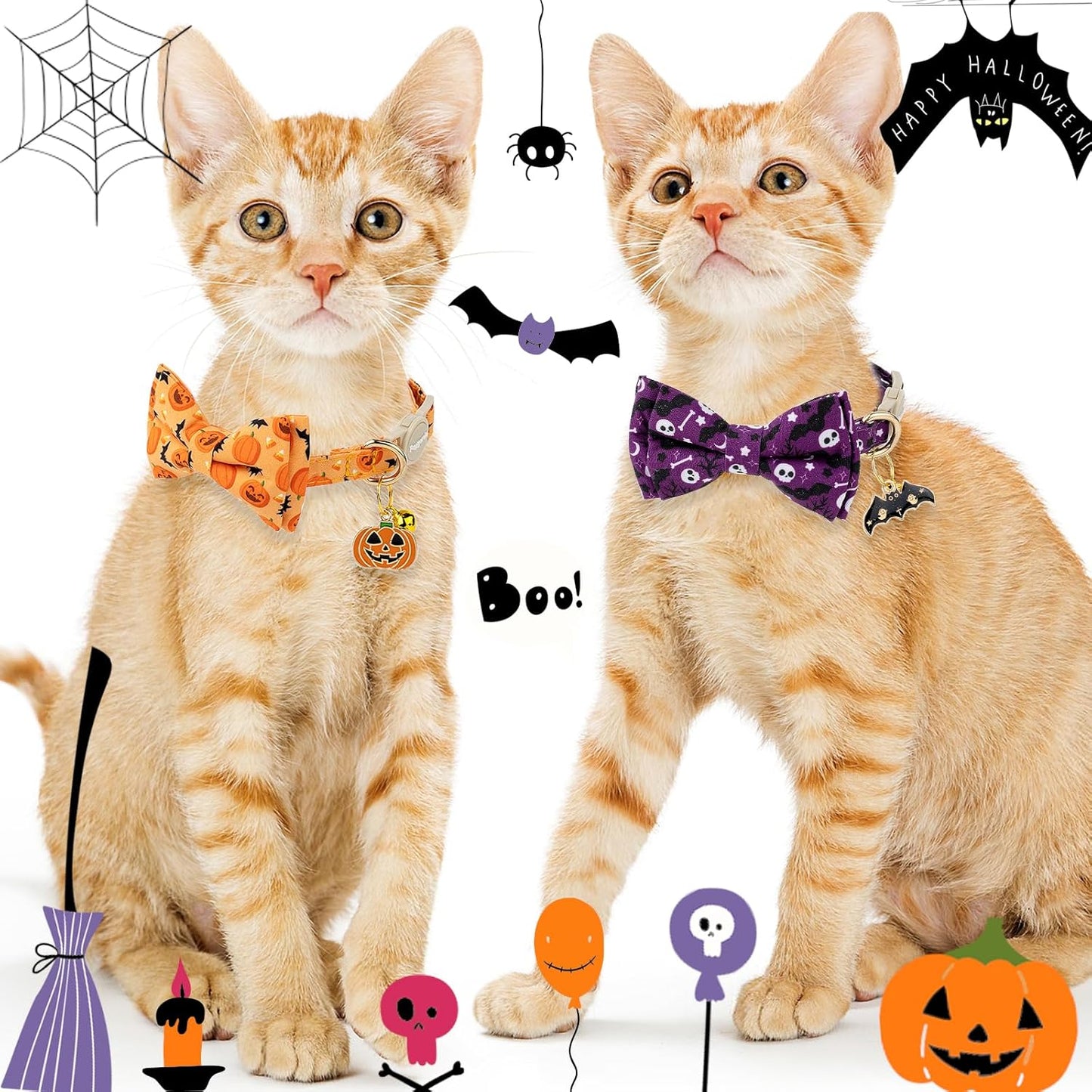 Faygarsle 2 Pack Halloween Cat Collar with Bow Tie and Bell, Breakaway Safety Buckle, Purple Skull Bat and Orange Pumpkin Pattern