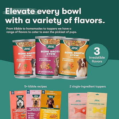 Jinx Bone Broth Stew for Dogs - Salmon & Vegetables Recipe - Grain-Free Wet Dog Food & Topper for Picky Eaters - Promotes Lean Muscle Growth, A Healthy Coat & Improved Digestion - 13 Oz, 12 Pack