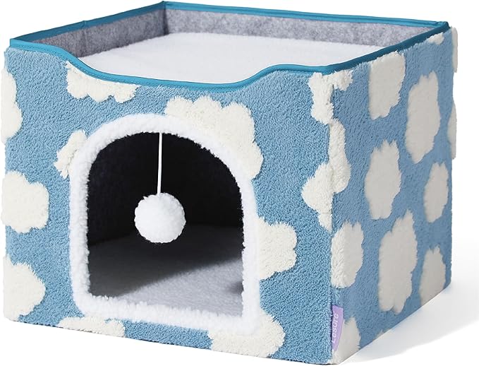 LE SURE Indoor Cat Beds Kitten House - Large Cat Cave for Pet Cube with Fluffy Ball Hanging, Foldable Small Aminal Hideaway, 17 Inches, Cozy Clouds Blue