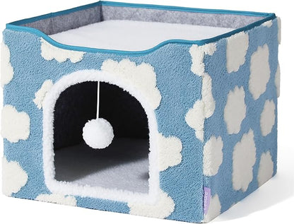 LE SURE Indoor Cat Beds Kitten House - Large Cat Cave for Pet Cube with Fluffy Ball Hanging, Foldable Small Aminal Hideaway, 17 Inches, Cozy Clouds Blue