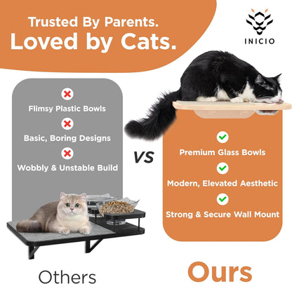 INICIO Cat Wall Shelves – Dog Proof Feeding Station with Wall Mounted Shelves, Durable 3 Step Birch Floating Shelf for Cats Up to 15lbs, Attached Cat Food Bowl for Convenient Feeding – Wood Brown