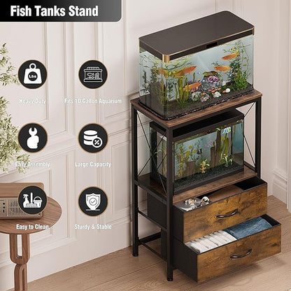 10 Gallon Aquarium Stand with 2-Tier Shelf Fish Tanks Stand with 2 Drawers Metal Frame Heavy Duty Reptile TurtleTank Stand with Storage for Home Offic Fish Tank Accessories Storage, Brown