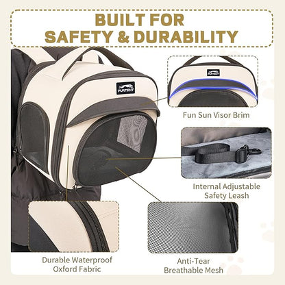 Bunny Backpack, Breathable Collapsible Small Pet Carrier with Safety Leash - for Puppies, Kittens, and Ferret Weighing up to 8 lbs, Designed for Travel, Walking and Outdoor Use Cat Bag, Beige