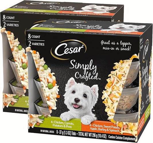Cesar Simply Crafted Adult Wet Dog Food Meal Topper, Chicken, Carrots, Potatoes & Peas and Chicken, Sweet Potato, Apple, Barley & Spinach Variety Pack (8 Count, Pack of 2)