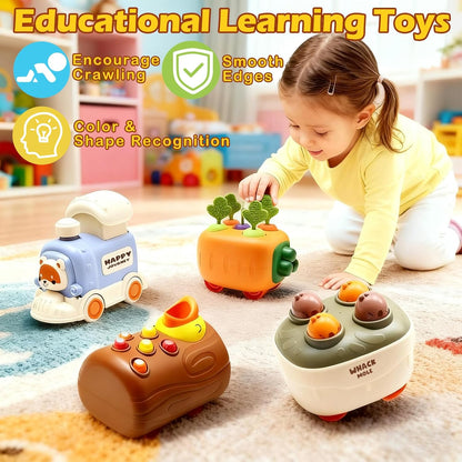 Press and Go Toddler Car Toys, Baby Push Car with Whack-A-Mole, Woodpecker Worm, Carrot Harvest Game, Train Toys for Toddlers 3-5, Racing Truck Toy, Kids Sensory Learning Birthday