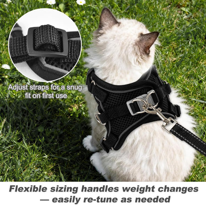 Kitten Cat Harness and Leash Set, Escape Proof Soft 4-Adjustable Cat Walking Vest Harness, Reflective Strips in Harness for Kitty Puppy Bunny Car Travel, with Car Seatbelt Leash (Black, M)