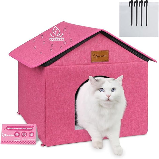 Outdoor Cat House for Shelter Feral Cat, Outside Waterproof Cat House for Outdoor/Indoor Cats, Insulated Cat Bed for All Seasons with Cozy Cushion (Rose Pink, Large Zip Style)