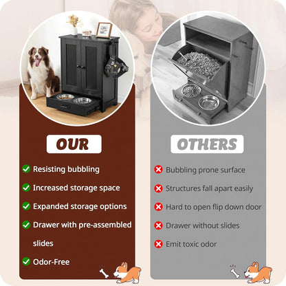 ALINE FURNITURE Dog Feeding Station with Storage Cabinet and 2 Elevated Dog Bowls, Hidden Pet Feeder Station Wood, Dog & Cat Storage Organizer, Black