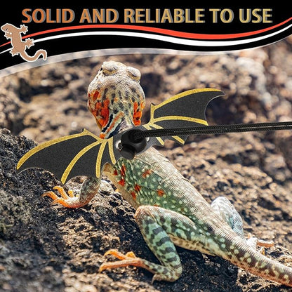 Bearded Dragon Leash and Harness Set 3 Size Pack Adjustable Cool Leather Lizard Leash with Dinosaur Wings for Reptile Safety Walking Accessories, Black