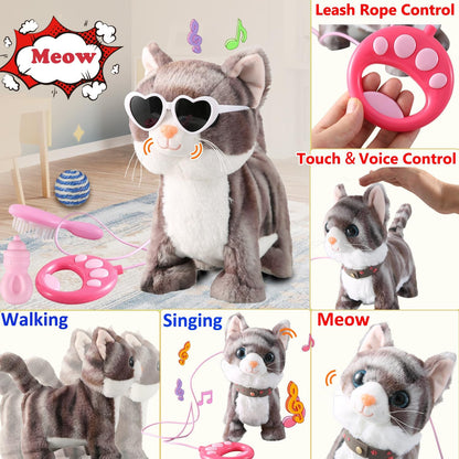 Gray Leash Walking Cat Set Singing That Purrs and Meows Animated Plush Robot Kitten Moving Plush Realistic Stuffed Animal Remote Control Cute Kawai Robotic Kitty Toy for Kid Girl Gift