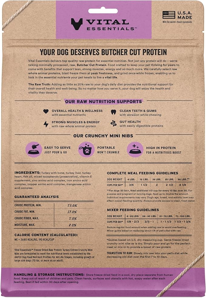 Vital Essentials Freeze-Dried Raw Turkey Meal or Mixer Dog Food Crunchy Mini Nibs, 14 oz