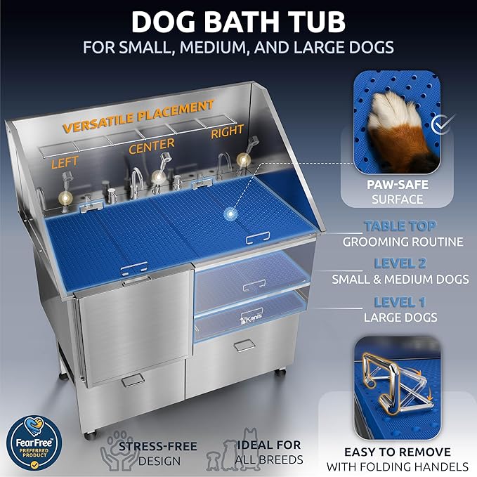 KANIS Professional Dog Washing Station - 304 Stainless Steel Pet Wash Sink & Grooming Bathtub w/Shower, Floor Grates and Storage for Large, Medium & Small Pets (50", 2 Drawers - Left Ramp)