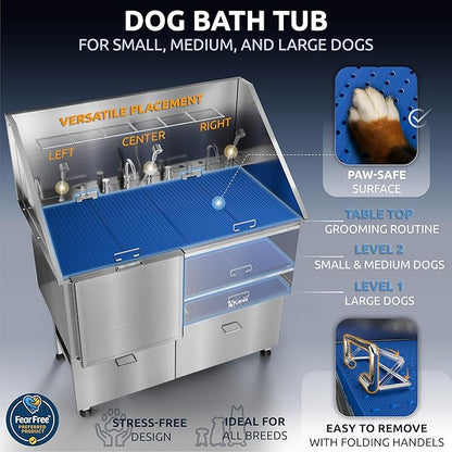 KANIS Professional Dog Washing Station - 304 Stainless Steel Pet Wash Sink & Grooming Bathtub w/Shower, Floor Grates and Storage for Large, Medium & Small Pets (50", 2 Drawers - Left Ramp)