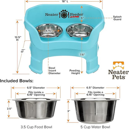 Neater Feeder Deluxe Mess Proof Dog Bowls Elevated Medium Sized Dogs (19-40 lbs) Made in USA, No Spill Raised Dog Food Bowl Stand w/Leg Extension, Stainless Steel Food and Water Bowl Set, Aquamarine
