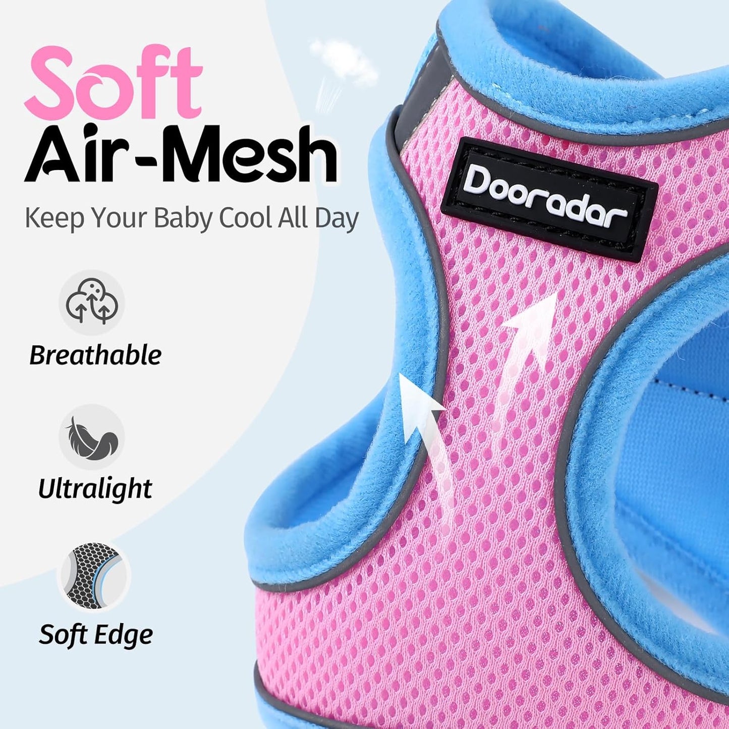 Dooradar Cat Harness and Leash Set, Escape Proof Lightweight Kitten Harness, Soft Breathable Reflective Vest for Outdoor Walking Traveling, Adjustable for Large Cats, Pink & Blue, L